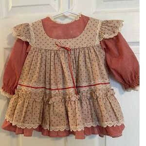 Vintage Bryan Girls Floral Lace Prairie Dress Puff Sleeve Ruffle Tiered